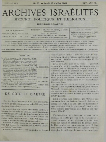 Archives israélites de France. Vol.45 N°29 (17 juil. 1884)